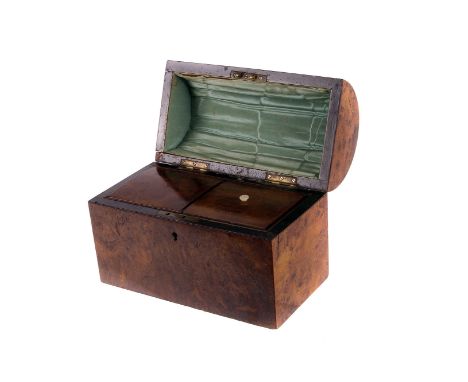 A 19th century burr walnut tea caddy,  with domed cover, and two interior compartments, 23cm long 