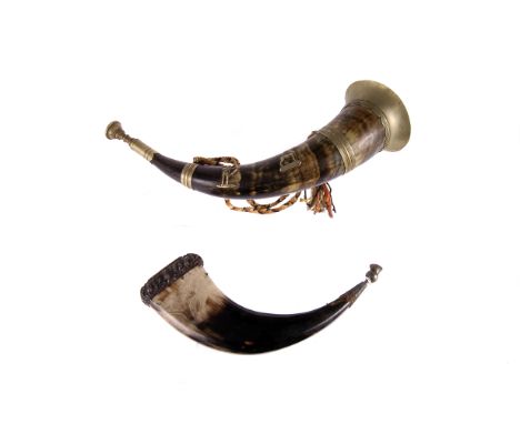 Of Hunting interest: a silver mounted animal horn hunting horn, having applied decoration, together with similar flask, possi