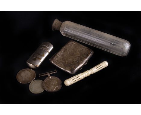 A WW1 Light Infantry war medal,  missing ribbon, together with a George III crown, a silver cigarette case, three silver capp