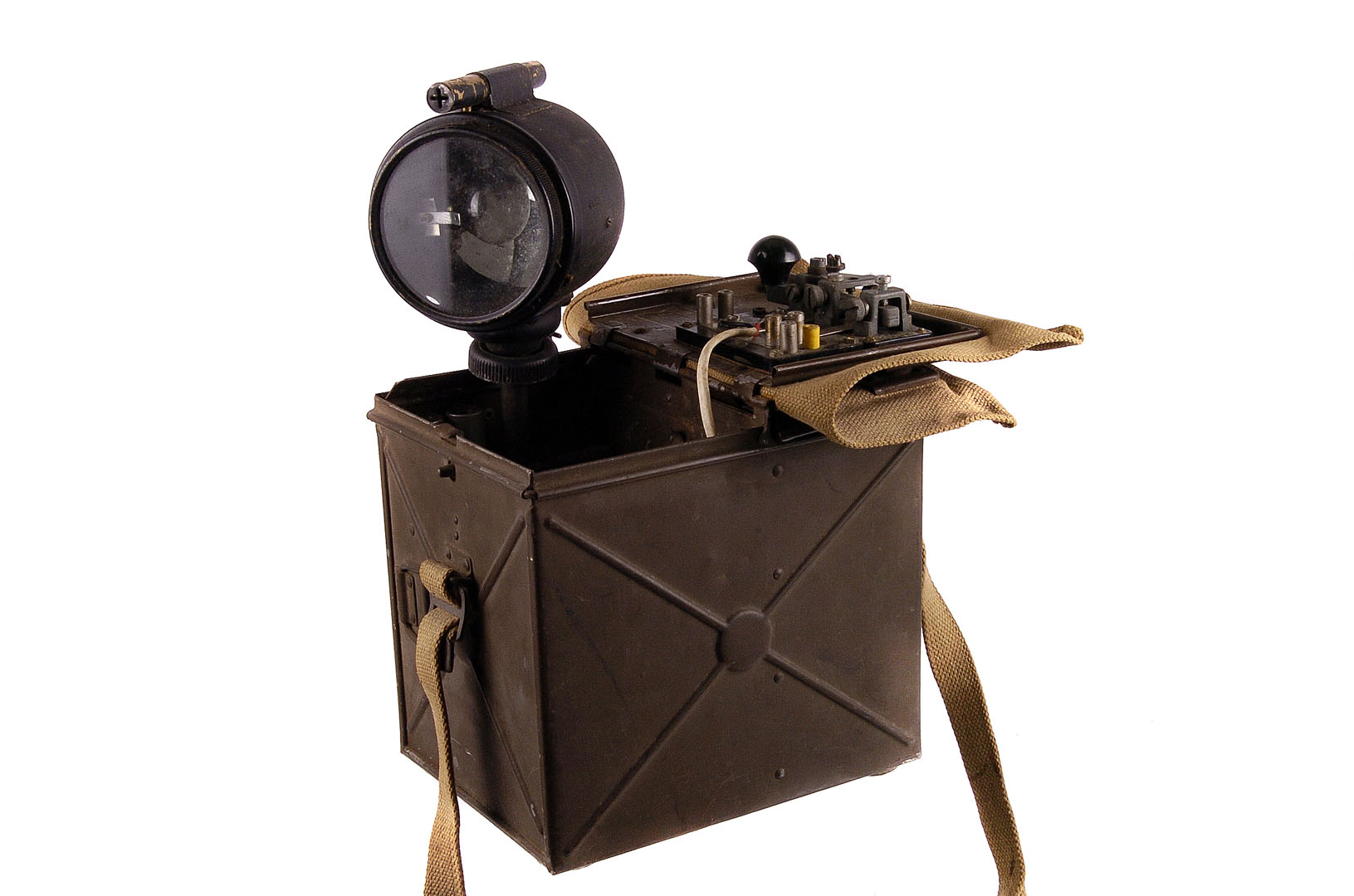 A WWI military signal lamp by J.L Ltd, comprising lamp, lamp pole and