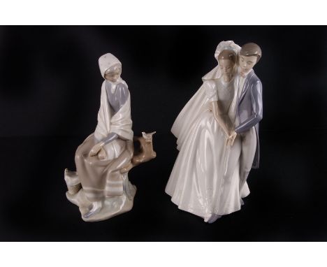 Lladro figure "New Shepherdess", open issue from 1996 No 4576, together with three Nao figural groups, married couple, girl w