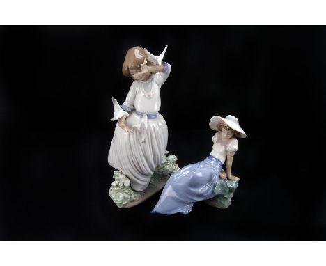 Three Nao figures,  including 'The broken water jug', 'Dancing with Doves' and another, each printed with factory mark to the