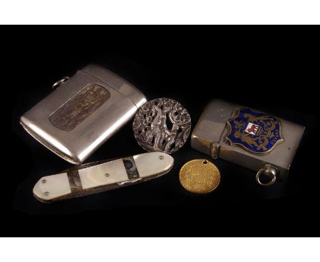 A Victorian gold sovereign,  1864, pierced, together with a lighter with applied enamel Oxford Coat of Arms, mother of pearl 