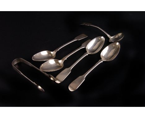 A set of four Victorian silver fiddle pattern table spoons by William Eaton,  London 1839, together with a Georgian ladle and