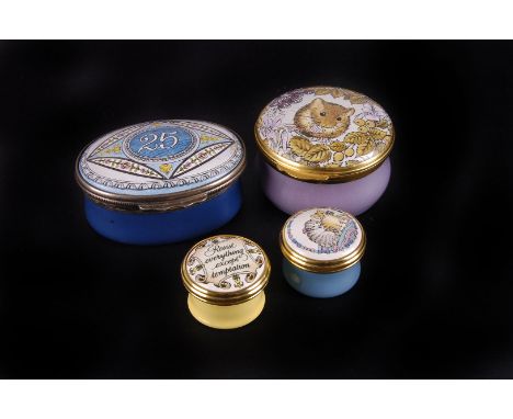 Three Halcyon Days enamel boxes,  in their original packaging, together with a 'Crummels' example (4) 