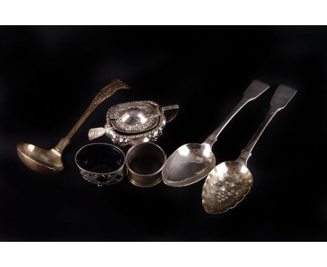 A collection of George II silver and later plate including a pair of Victorian tablespoons by Elizabeth Eaton, a George IV be