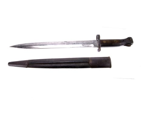 A British 1888 pattern Mk 1 knife bayonet, by Sanderson Sheffield, marked with a broad arrow and various markings, in leather