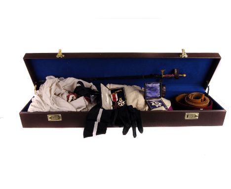 A cased Knights Temple 'Order Uniform', together with sword and jewels, comprising of three jewels, a belt, gloves, sword and