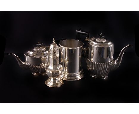 A four piece silver plated tea and coffee service,  with semi gadrooned body, and harp handles, together with other plated an