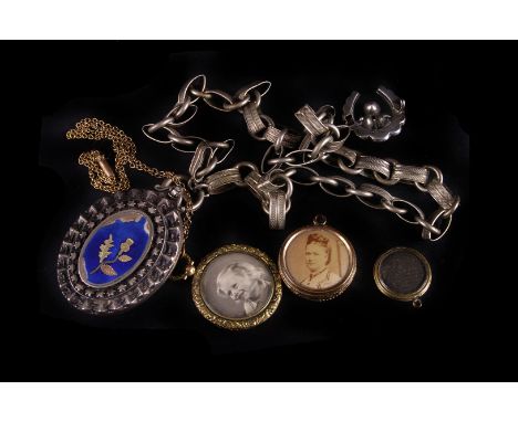 A Victorian silver and enamel locket,  the central enamel cartouche with thistle design, 45mm, to a fetter link chain, togeth