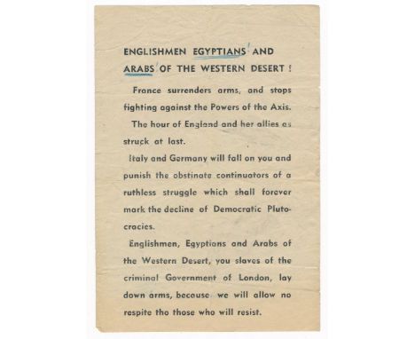 Englishman, Egyptians (!) and Arabs (!) of the Western Desert! - Second World War Airborne Propaganda leaflet, one-sided prop