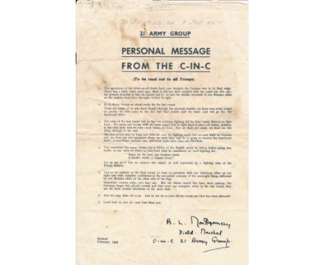 Field Marshall Bernard Montgomery, ‘ 21 ARMY GROUP PERSONAL MESSAGE FROM THE C-IN-C ‘ (To be read out to all Troops). Letter,