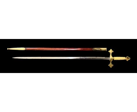 Masonic Ceremonial Sword with leather and brass mounted scabbard, brass fittings to handle with cream wire bound handle. Blad