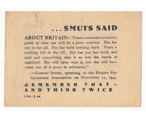 Smuts Said - Second World War Airborne Propaganda leaflet, small-scale double sided leaflet. One side reads " Smuts Said Abou