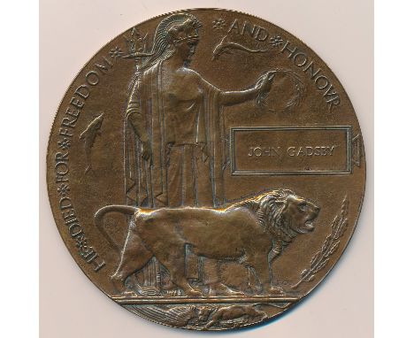 First World War - Memorial Plaque to John Gadsby.
