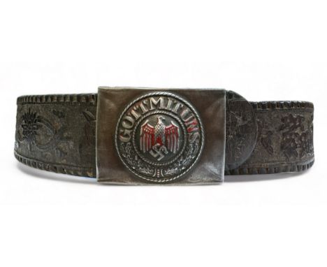 Third Reich Army belt buckle, Gott mit Uns fitted on leather belt. Buckle without maker’s name and hook has been replaced by 