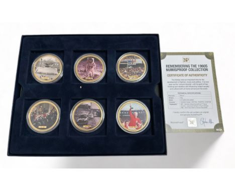 Remembering the 1960's Numisproof collection of 6 pictorial medallions in case with certificate, featuring Moon Landing 1966 
