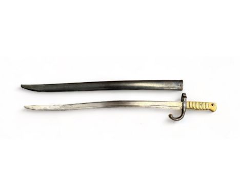 French 1866 pattern chassepot bayonet and scabbard, blade 57cm. Spine of blade marked for 1868. Numbered G73342. 