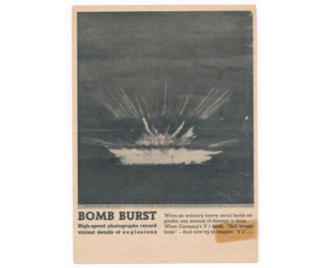 BOMB BURST - Second World War Airborne Propaganda leaflet, front of leaflet depicts a huge bomb blast with the text " BOMB BL