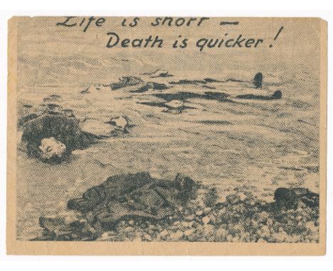 Life is short - Death is quicker! - small-scale Second World War German airborne Propaganda leaflet, front depicts a dead sol