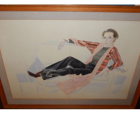 Follower of David Hockney, Woman Reclining of a Sofa, pencil and coloured chalk, 58 x 80cm