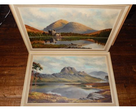 T. R. Sanderson, ruined Highland castle beside a loch, oil on board, signed lower left, H. 45cm W. 77cm, together with anothe
