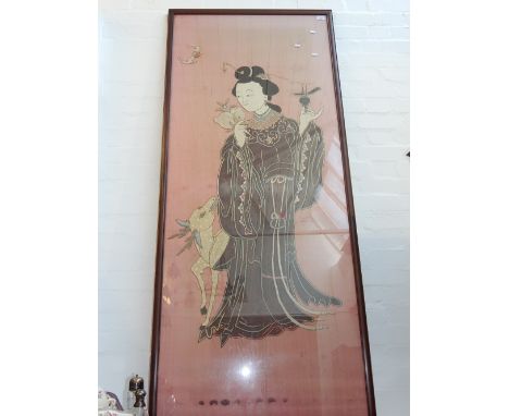 A Chinese embroided silk tapestry, decorated with noblemen, H.180cm, W.70cm