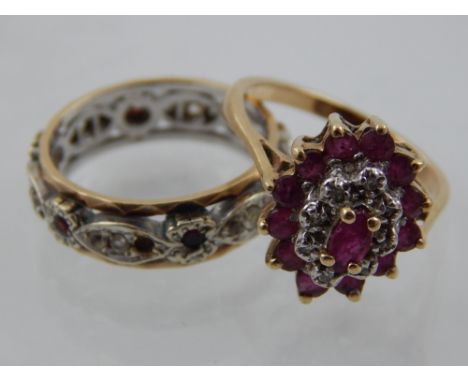 A yellow metal, ruby and diamond floral cluster ring, together with a 9 carat yellow and white metal eternity ring, set with 