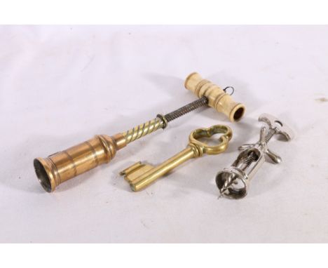 R Jones alloy corkscrew with turned bone handle and makers plaque, J Perille of Paris corkscrew with propeller action and a s