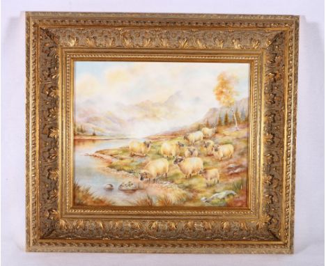 DAVID FULLER (Royal Worcester Artist) hand painted porcelain plaque decorated with sheep, DW England mark to reverse, frame s