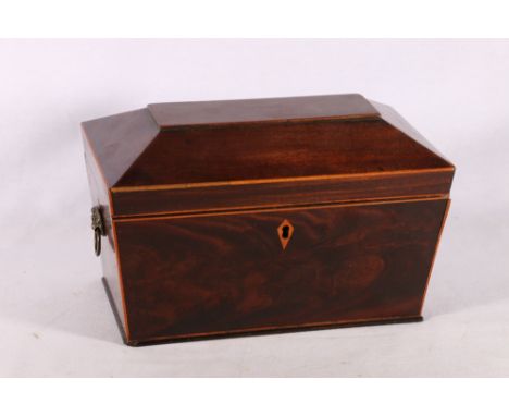 19th century mahogany and inlaid tea caddy of sarcophagus form, the interior with glass mixing bowl flanked by my two tea wel