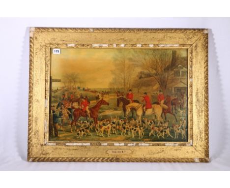 Set of seven hunting and coaching scene prints, "The Meet, The Downhill skid etc in gilt frames 