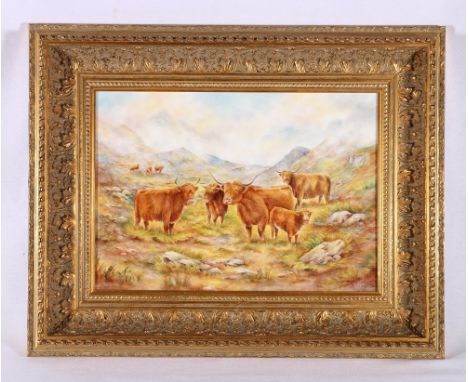 DAVID FULLER (Royal Worcester Artist) hand painted porcelain plaque decorated with Highland Cows, DW England mark to reverse,