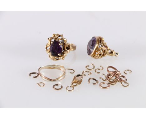 9ct gold brutalist modernism dress ring set with central faceted purple stone and rustic textured shank, ring size O, 8.9g, a