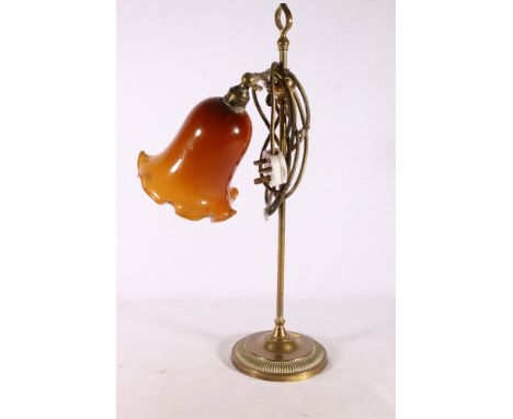 Christopher Wray brass table lamp with amber glass trumpet shade raised on socle base, 53cm tallCondition Report:Shade has a 