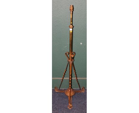 Brass and copper adjustable telescopic standard lamp, the base stamped FC 