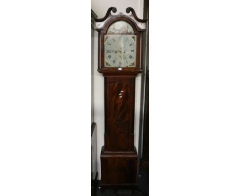 Husband of Kirkcaldie (Kirkcaldy) longcase Grandfather clock with arch top painted with John Lawson horse and cart scene, two