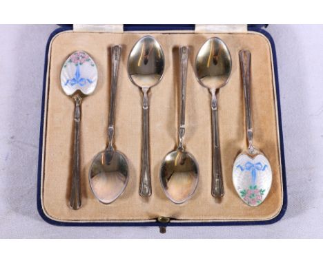 Set of six silver gilt and enamel coffee spoons by&nbsp;Turner &amp; Simpson, Birmingham 1913/1938, in fitted case 