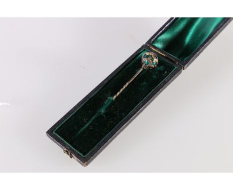 Victorian pin with enamel sphere finial having applied yellow metal scrolls within attractive leather box 