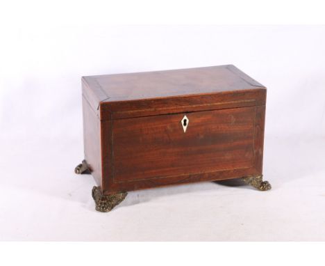 19th century mahogany and rosewood crossbanded tea caddy of rectangular form with kite shaped bone escutcheon, the interior c