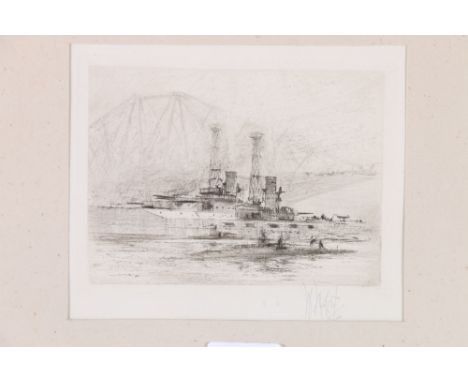 WILLIAM WALCOT RBA RE (1874-1943)&nbsp;Battle cruiser passing beside the Forth Bridge&nbsp;Pencil signed etching 9cm x 12cm 