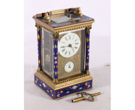 French repeater carriage clock with cloisonne decoration to the columns and the borders, the enamel dial with Roman numerals 