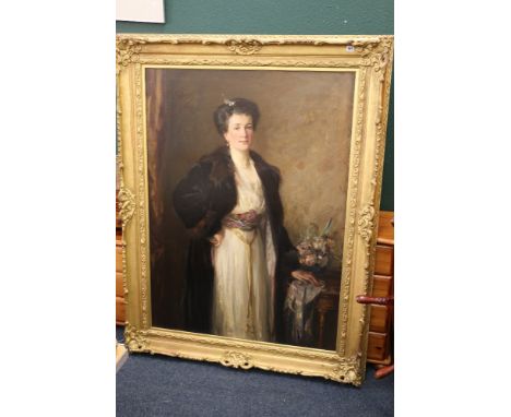 ROBERT HOPE RSA SSA (1869-1936) Three quarter length portrait of Mrs Green wearing a fur coat Signed, oil, 138cm x 98cm Exhib