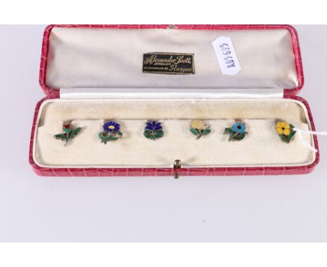 Set of six Sterling silver and enamel badges or buttons stamped Made in England, makers marks A pellet S possibly Adolph Scot