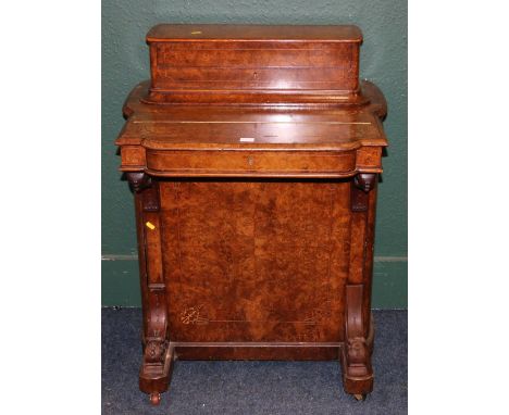 Victorian burr walnut and marquetry inlaid Davenport desk, with hinged top stationary compartment, pull out and pop up writin