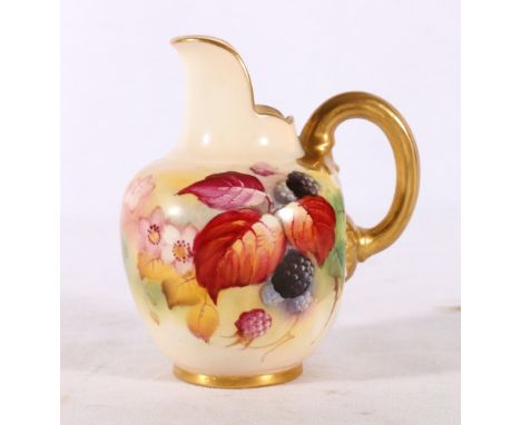 Royal Worcester jug decorated with berries and leaves pattern and signed Blake, purple stamp to base numbered 1094, 10cm tall