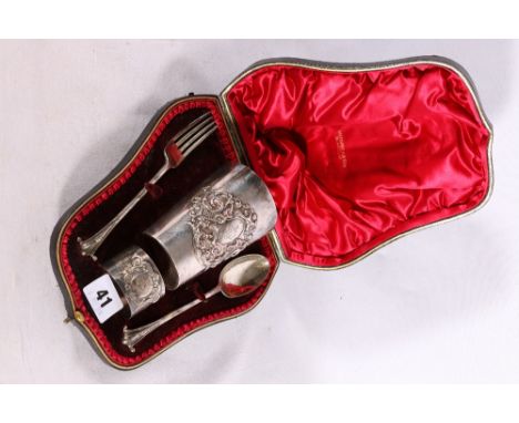 Victorian silver Christening set comprising beaker cup, napkin ring, fork and spoon, the beaker and napkin ring by&nbsp;Josia