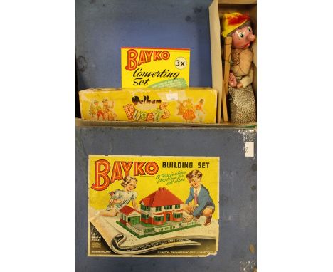 A boxed Pelham Puppet, unknown name; together with a Wupper Airlines Crazy Jumpkins; a boxed Bayko Converting Set 2X; Buildin
