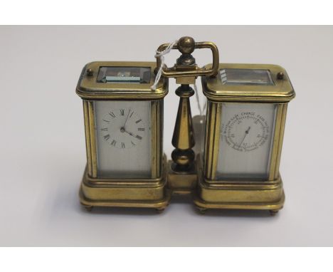 An unusual miniature brass cased compendium carriage clock and barometer, possibly French, circa 1900-1910