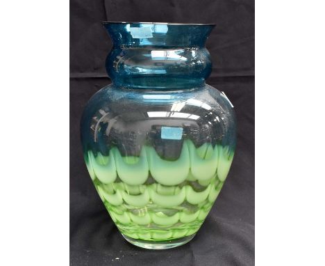 An unnamed art glass vase with bright green and deep clear turquoise colouring.